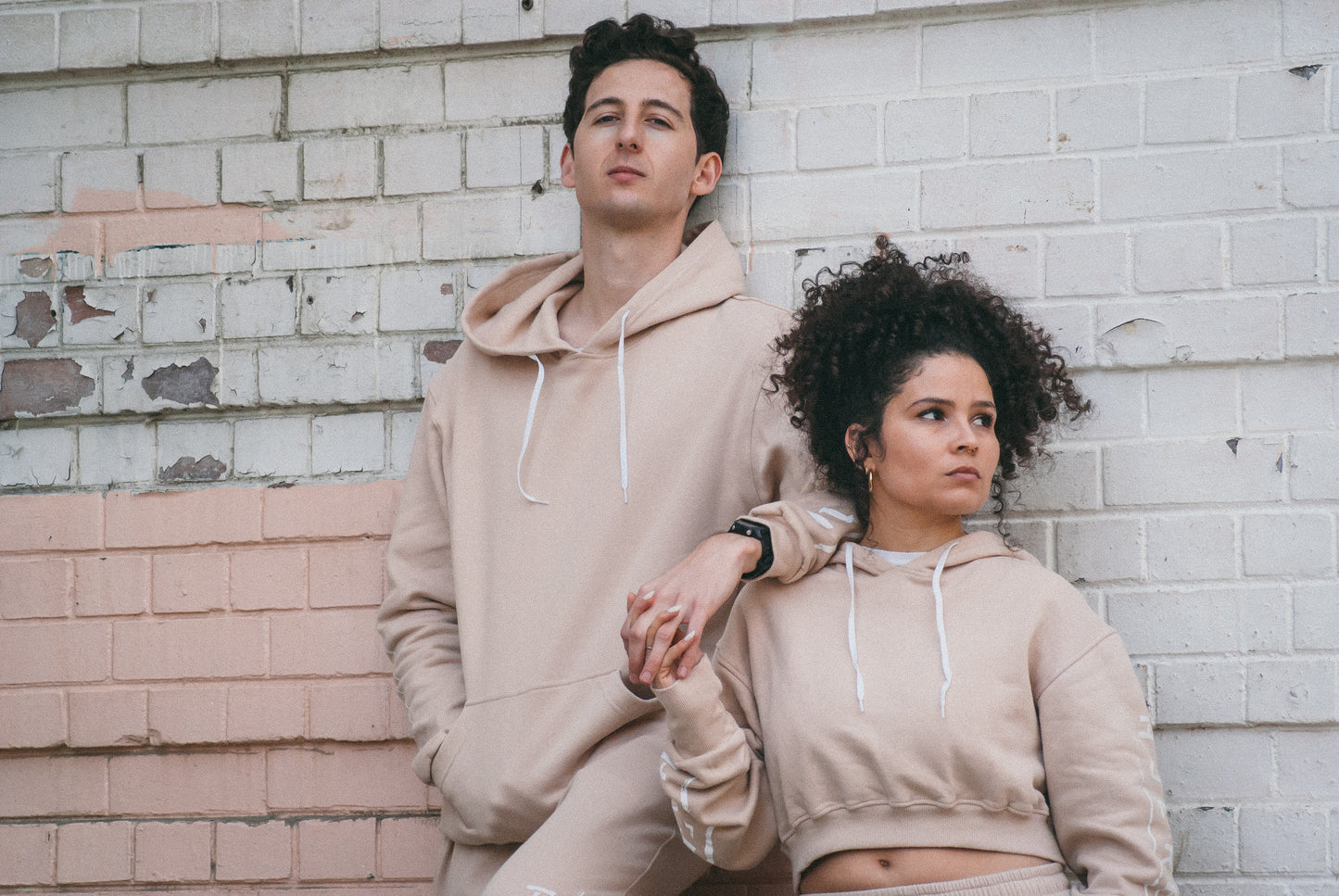 Cropped Hoodie Beige w/ arm print